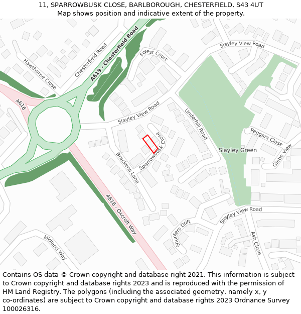 11, SPARROWBUSK CLOSE, BARLBOROUGH, CHESTERFIELD, S43 4UT: Location map and indicative extent of plot