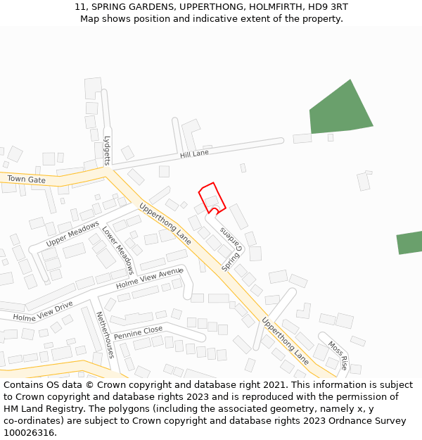 11, SPRING GARDENS, UPPERTHONG, HOLMFIRTH, HD9 3RT: Location map and indicative extent of plot