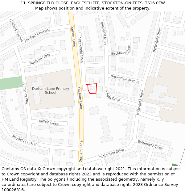 11, SPRINGFIELD CLOSE, EAGLESCLIFFE, STOCKTON-ON-TEES, TS16 0EW: Location map and indicative extent of plot