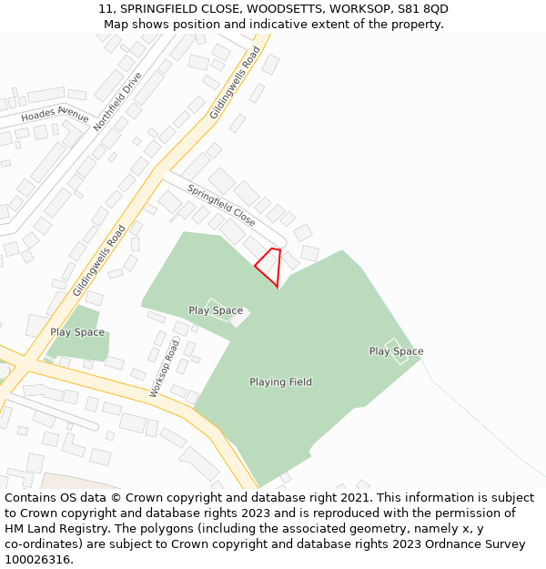 11, SPRINGFIELD CLOSE, WOODSETTS, WORKSOP, S81 8QD: Location map and indicative extent of plot