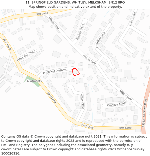 11, SPRINGFIELD GARDENS, WHITLEY, MELKSHAM, SN12 8RQ: Location map and indicative extent of plot