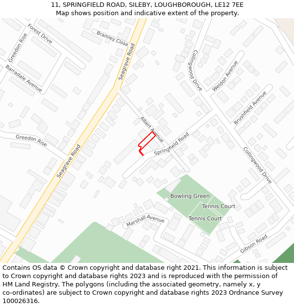 11, SPRINGFIELD ROAD, SILEBY, LOUGHBOROUGH, LE12 7EE: Location map and indicative extent of plot