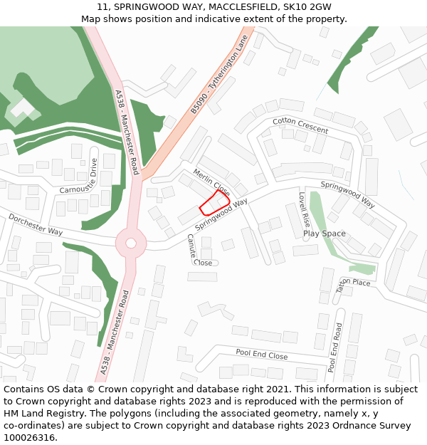 11, SPRINGWOOD WAY, MACCLESFIELD, SK10 2GW: Location map and indicative extent of plot