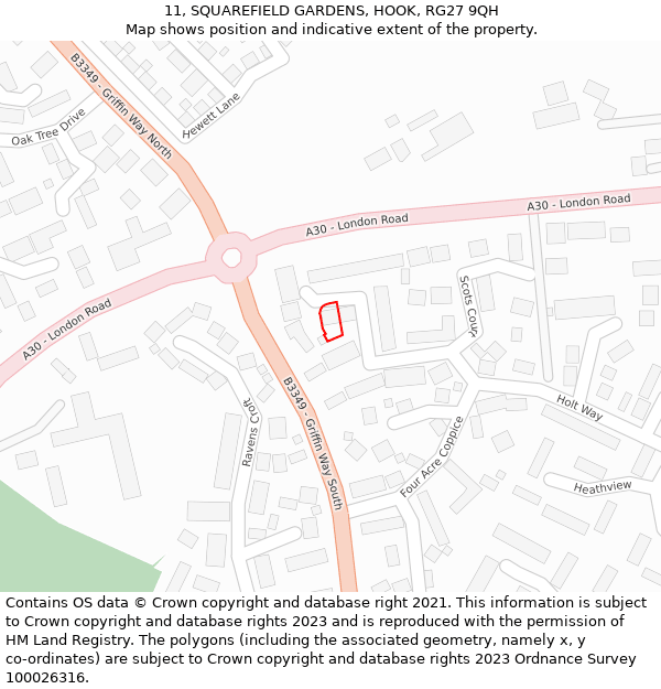 11, SQUAREFIELD GARDENS, HOOK, RG27 9QH: Location map and indicative extent of plot