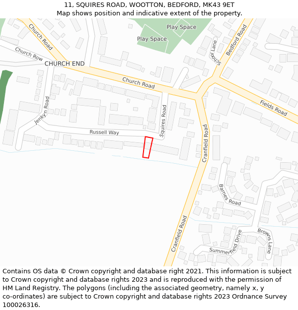 11, SQUIRES ROAD, WOOTTON, BEDFORD, MK43 9ET: Location map and indicative extent of plot