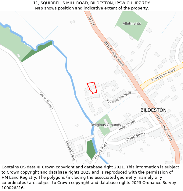 11, SQUIRRELLS MILL ROAD, BILDESTON, IPSWICH, IP7 7DY: Location map and indicative extent of plot