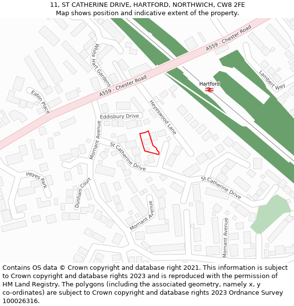 11, ST CATHERINE DRIVE, HARTFORD, NORTHWICH, CW8 2FE: Location map and indicative extent of plot