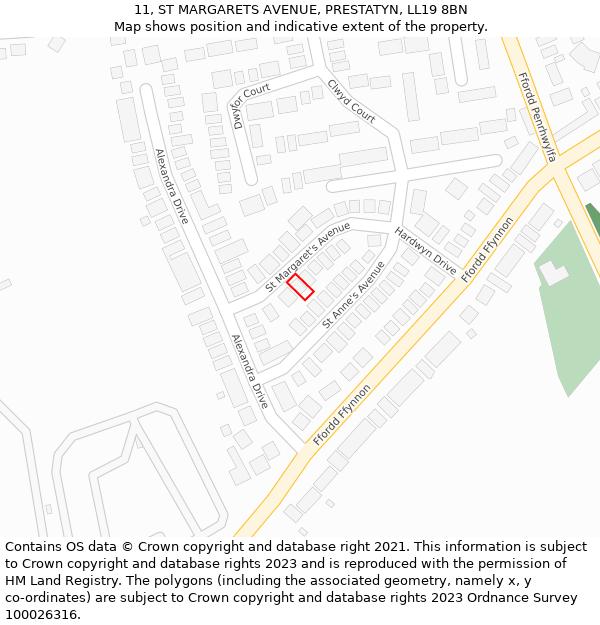 11, ST MARGARETS AVENUE, PRESTATYN, LL19 8BN: Location map and indicative extent of plot