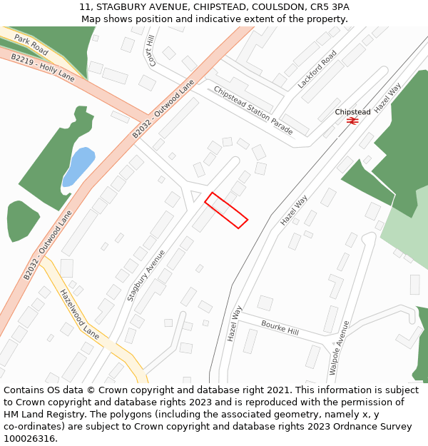 11, STAGBURY AVENUE, CHIPSTEAD, COULSDON, CR5 3PA: Location map and indicative extent of plot