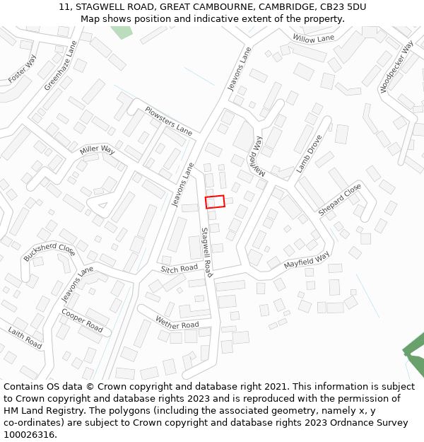 11, STAGWELL ROAD, GREAT CAMBOURNE, CAMBRIDGE, CB23 5DU: Location map and indicative extent of plot