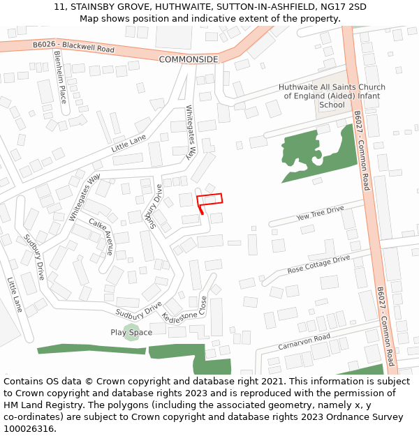 11, STAINSBY GROVE, HUTHWAITE, SUTTON-IN-ASHFIELD, NG17 2SD: Location map and indicative extent of plot