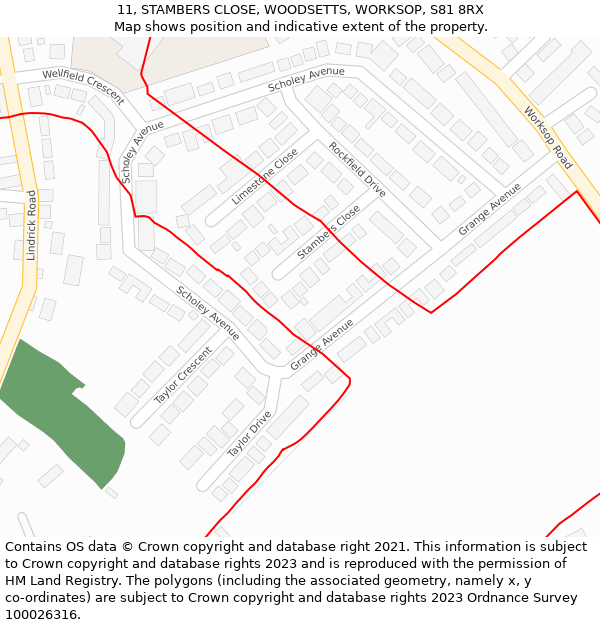 11, STAMBERS CLOSE, WOODSETTS, WORKSOP, S81 8RX: Location map and indicative extent of plot