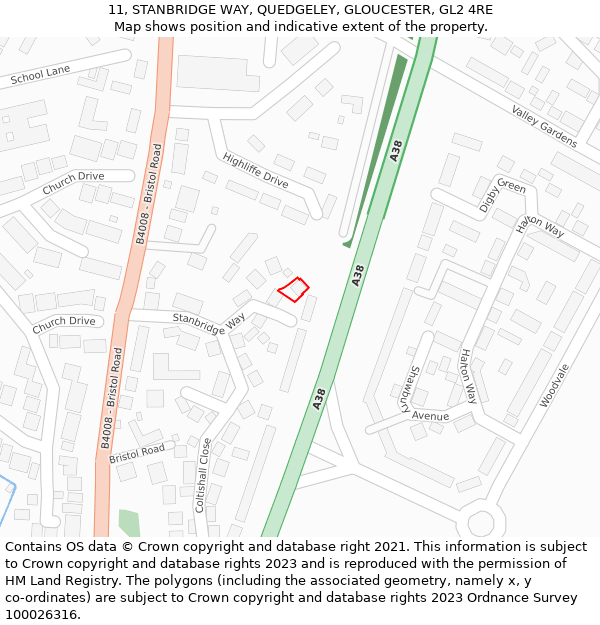 11, STANBRIDGE WAY, QUEDGELEY, GLOUCESTER, GL2 4RE: Location map and indicative extent of plot