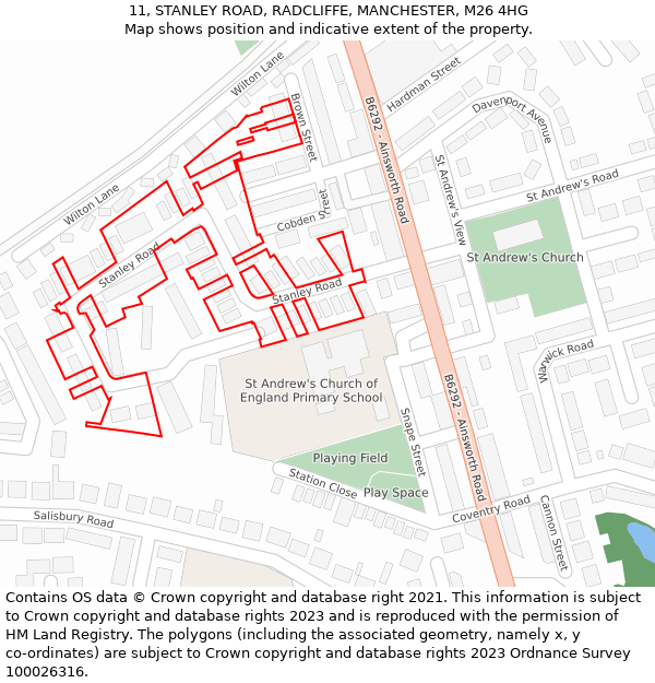 11, STANLEY ROAD, RADCLIFFE, MANCHESTER, M26 4HG: Location map and indicative extent of plot