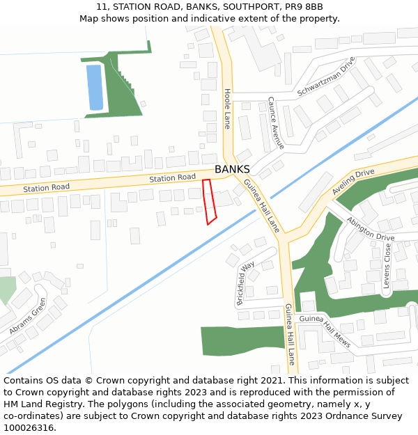 11, STATION ROAD, BANKS, SOUTHPORT, PR9 8BB: Location map and indicative extent of plot