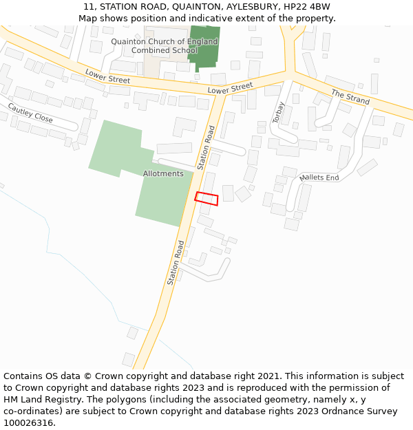 11, STATION ROAD, QUAINTON, AYLESBURY, HP22 4BW: Location map and indicative extent of plot