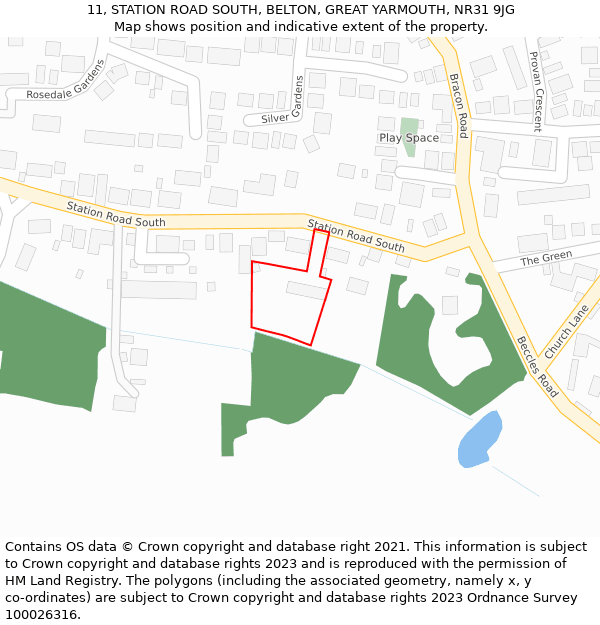 11, STATION ROAD SOUTH, BELTON, GREAT YARMOUTH, NR31 9JG: Location map and indicative extent of plot