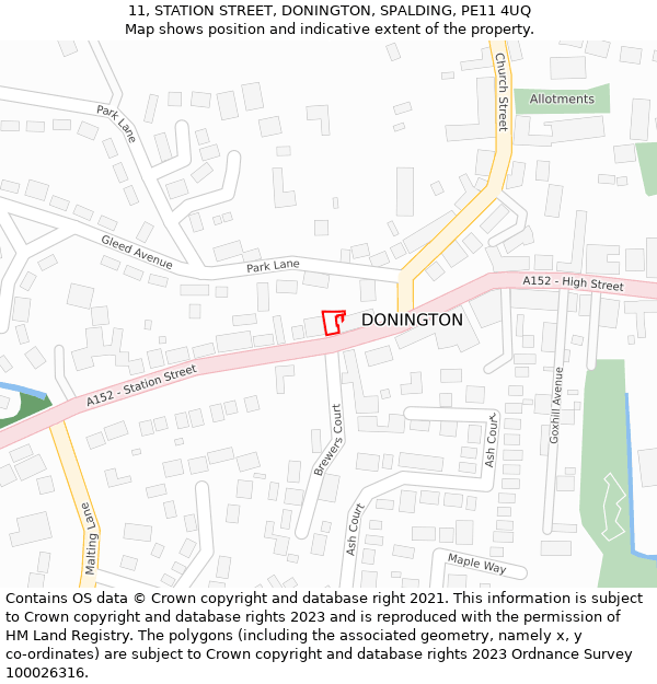 11, STATION STREET, DONINGTON, SPALDING, PE11 4UQ: Location map and indicative extent of plot