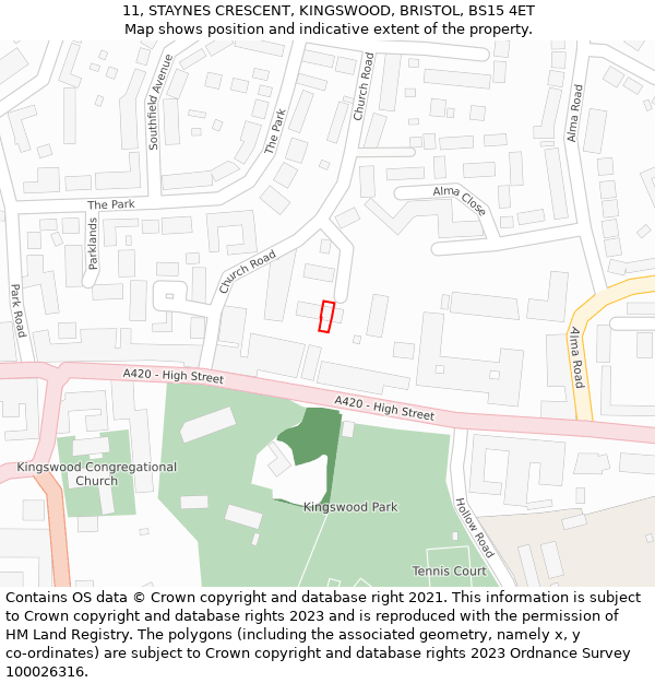 11, STAYNES CRESCENT, KINGSWOOD, BRISTOL, BS15 4ET: Location map and indicative extent of plot