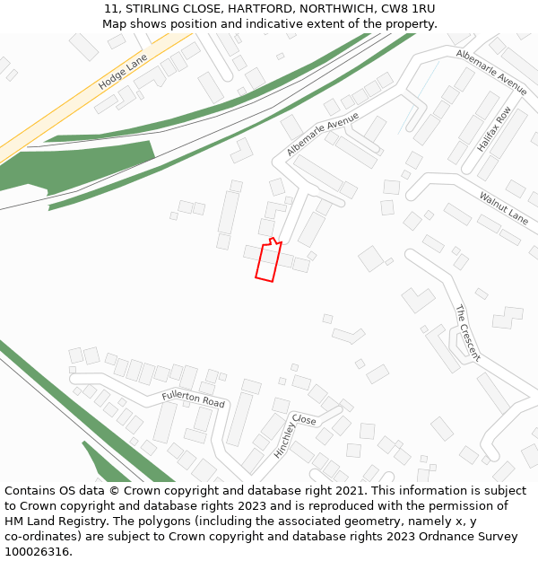 11, STIRLING CLOSE, HARTFORD, NORTHWICH, CW8 1RU: Location map and indicative extent of plot