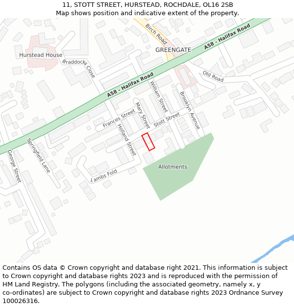 11, STOTT STREET, HURSTEAD, ROCHDALE, OL16 2SB: Location map and indicative extent of plot