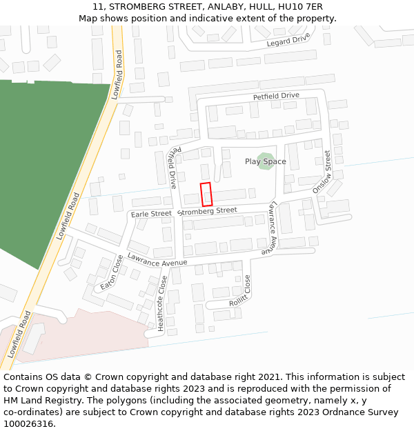 11, STROMBERG STREET, ANLABY, HULL, HU10 7ER: Location map and indicative extent of plot