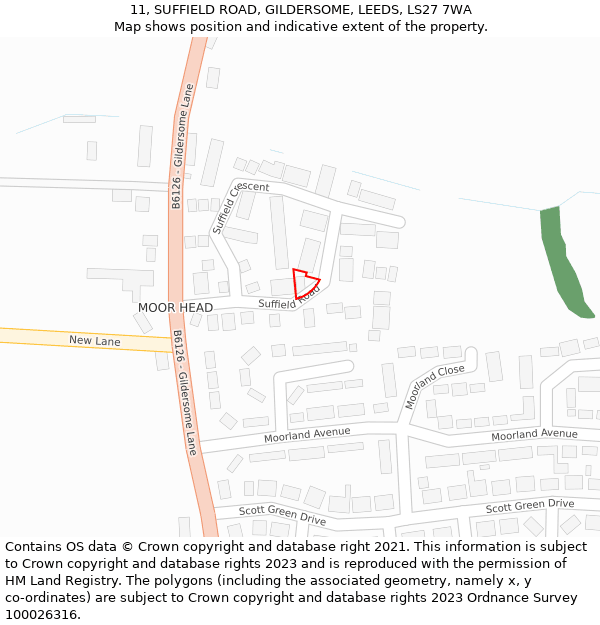 11, SUFFIELD ROAD, GILDERSOME, LEEDS, LS27 7WA: Location map and indicative extent of plot