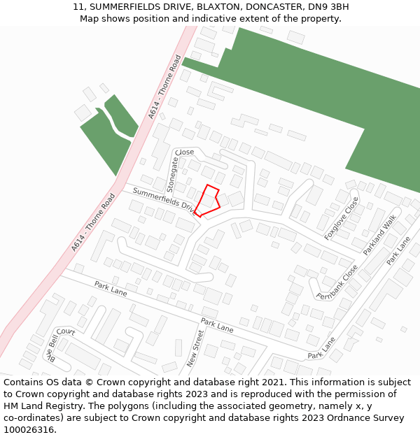 11, SUMMERFIELDS DRIVE, BLAXTON, DONCASTER, DN9 3BH: Location map and indicative extent of plot