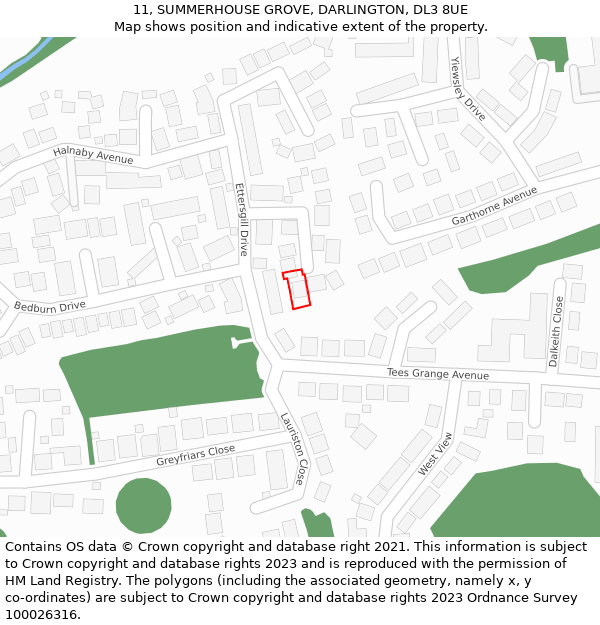 11, SUMMERHOUSE GROVE, DARLINGTON, DL3 8UE: Location map and indicative extent of plot
