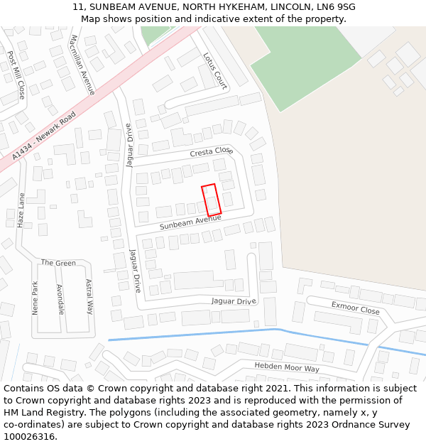 11, SUNBEAM AVENUE, NORTH HYKEHAM, LINCOLN, LN6 9SG: Location map and indicative extent of plot