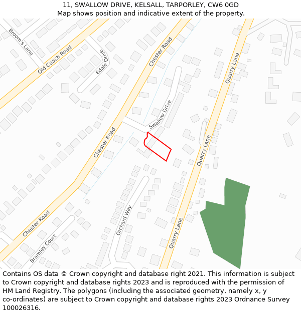 11, SWALLOW DRIVE, KELSALL, TARPORLEY, CW6 0GD: Location map and indicative extent of plot