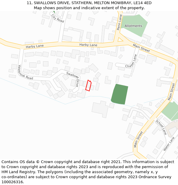 11, SWALLOWS DRIVE, STATHERN, MELTON MOWBRAY, LE14 4ED: Location map and indicative extent of plot
