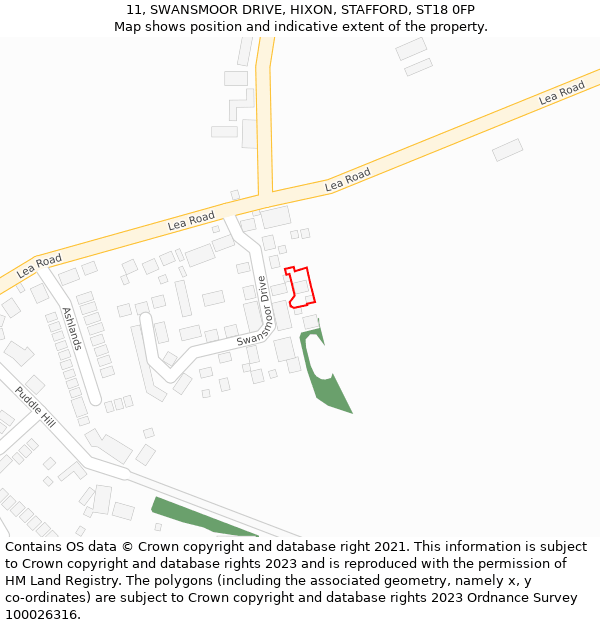 11, SWANSMOOR DRIVE, HIXON, STAFFORD, ST18 0FP: Location map and indicative extent of plot