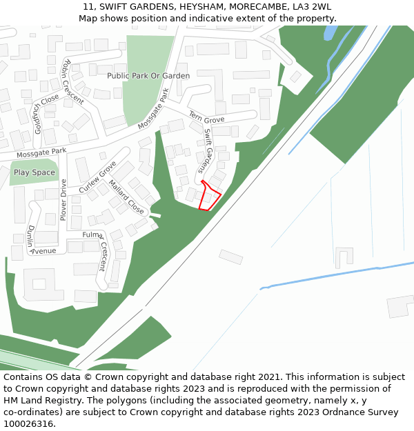 11, SWIFT GARDENS, HEYSHAM, MORECAMBE, LA3 2WL: Location map and indicative extent of plot