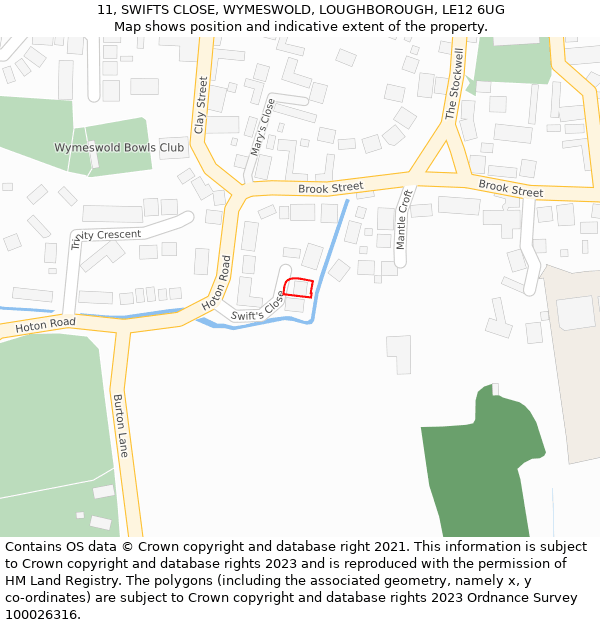 11, SWIFTS CLOSE, WYMESWOLD, LOUGHBOROUGH, LE12 6UG: Location map and indicative extent of plot