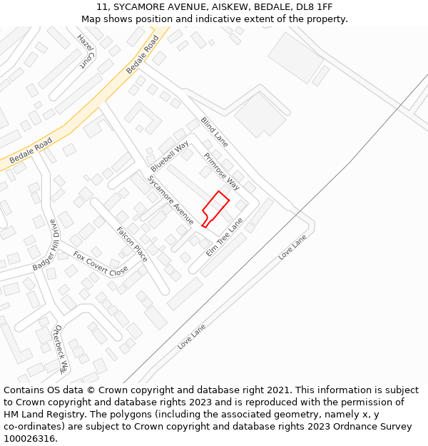 11, SYCAMORE AVENUE, AISKEW, BEDALE, DL8 1FF: Location map and indicative extent of plot