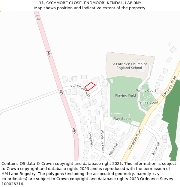 11, SYCAMORE CLOSE, ENDMOOR, KENDAL, LA8 0NY: Location map and indicative extent of plot