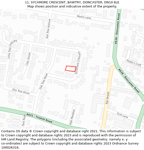 11, SYCAMORE CRESCENT, BAWTRY, DONCASTER, DN10 6LE: Location map and indicative extent of plot