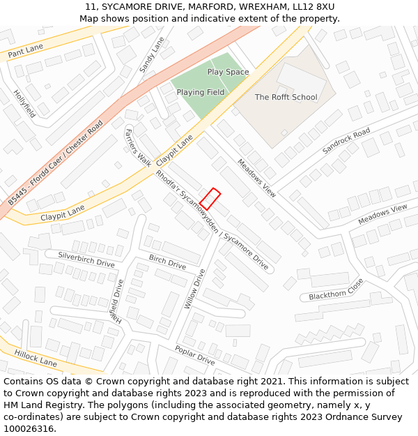 11, SYCAMORE DRIVE, MARFORD, WREXHAM, LL12 8XU: Location map and indicative extent of plot