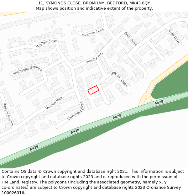 11, SYMONDS CLOSE, BROMHAM, BEDFORD, MK43 8QY: Location map and indicative extent of plot