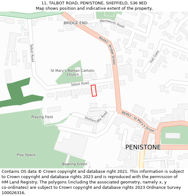 11, TALBOT ROAD, PENISTONE, SHEFFIELD, S36 9ED: Location map and indicative extent of plot