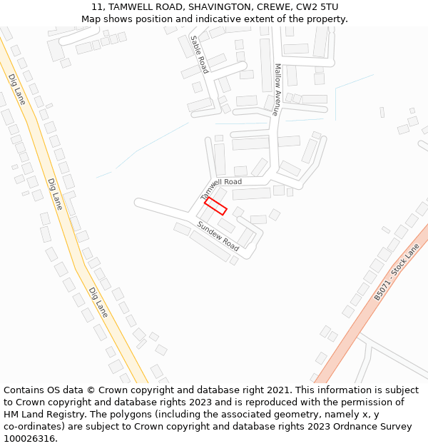 11, TAMWELL ROAD, SHAVINGTON, CREWE, CW2 5TU: Location map and indicative extent of plot