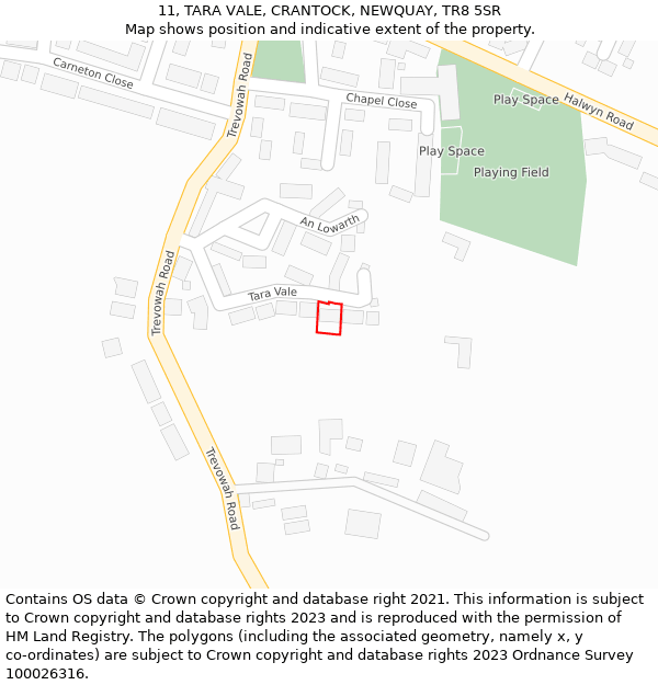 11, TARA VALE, CRANTOCK, NEWQUAY, TR8 5SR: Location map and indicative extent of plot