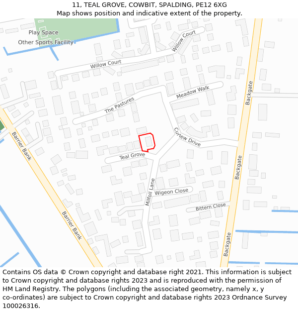 11, TEAL GROVE, COWBIT, SPALDING, PE12 6XG: Location map and indicative extent of plot