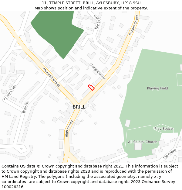 11, TEMPLE STREET, BRILL, AYLESBURY, HP18 9SU: Location map and indicative extent of plot