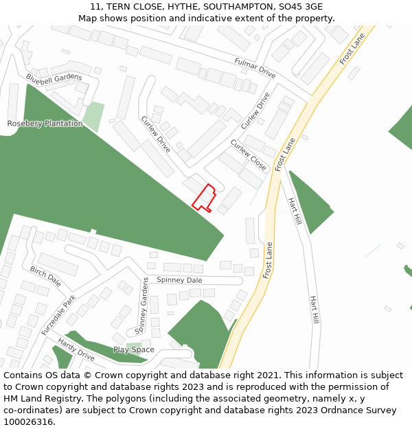 11, TERN CLOSE, HYTHE, SOUTHAMPTON, SO45 3GE: Location map and indicative extent of plot