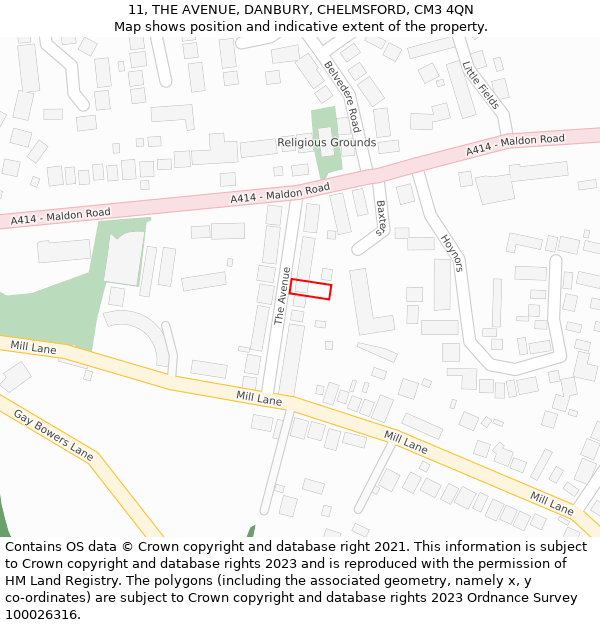 11, THE AVENUE, DANBURY, CHELMSFORD, CM3 4QN: Location map and indicative extent of plot