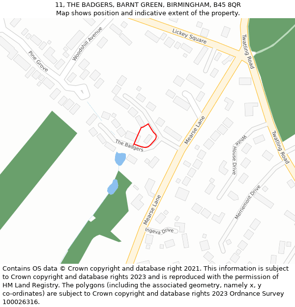 11, THE BADGERS, BARNT GREEN, BIRMINGHAM, B45 8QR: Location map and indicative extent of plot