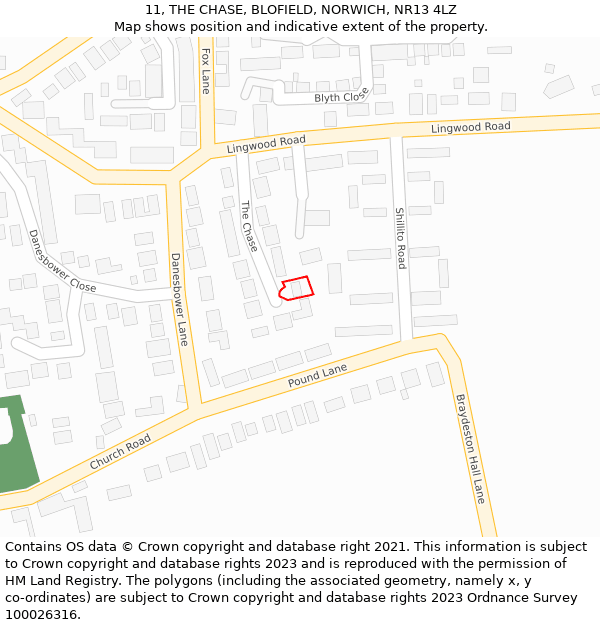 11, THE CHASE, BLOFIELD, NORWICH, NR13 4LZ: Location map and indicative extent of plot