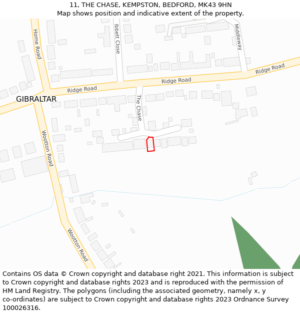 11, THE CHASE, KEMPSTON, BEDFORD, MK43 9HN: Location map and indicative extent of plot